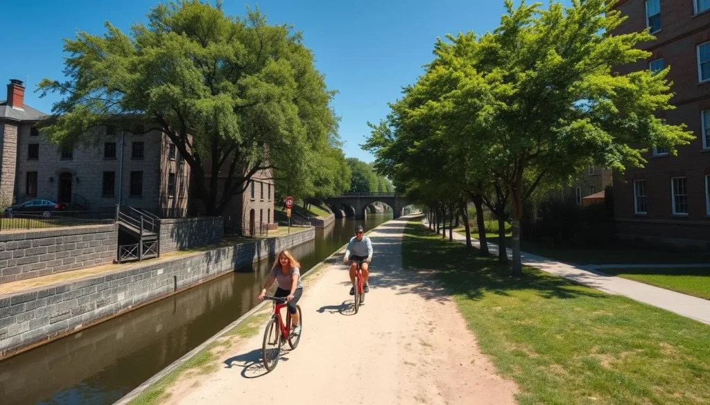 The historic C&O Canal Towpath with cyclists riding along the canal in Georgetown The historic C&O Canal Towpath with cyclists riding along the canal in Georgetown