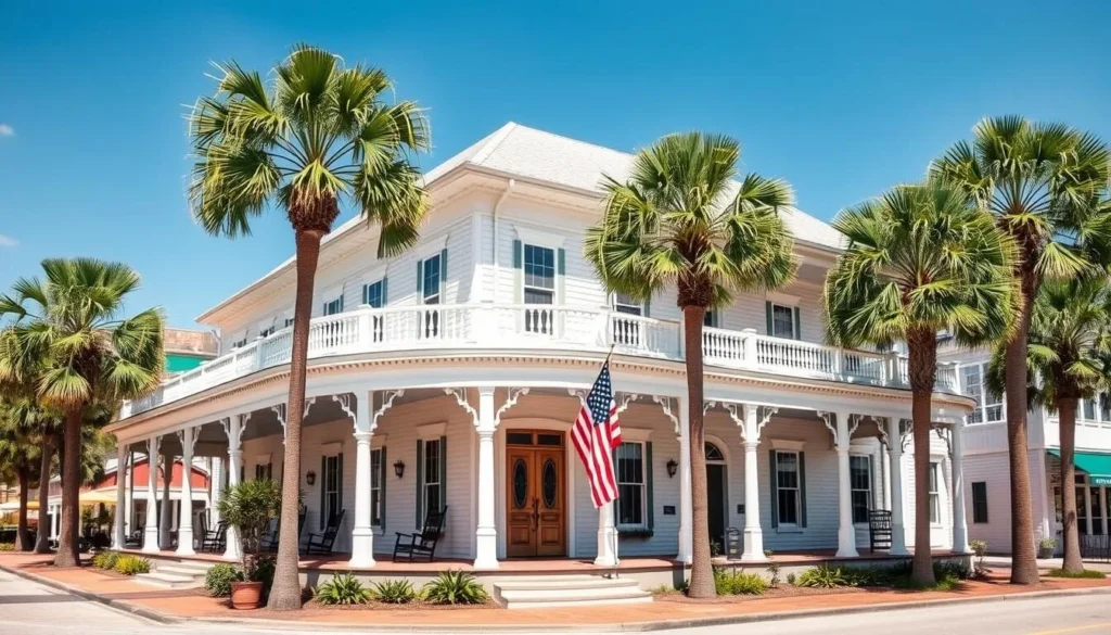 The historic Gibson Inn in Apalachicola with its distinctive Victorian architecture and wraparound porch The historic Gibson Inn in Apalachicola with its distinctive Victorian architecture and wraparound porch