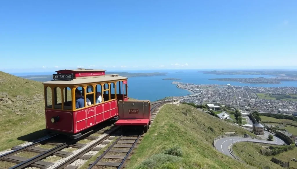 The historic Great Orme Tramway climbing up the hillside with panoramic views of Llandudno Bay The historic Great Orme Tramway climbing up the hillside with panoramic views of Llandudno Bay