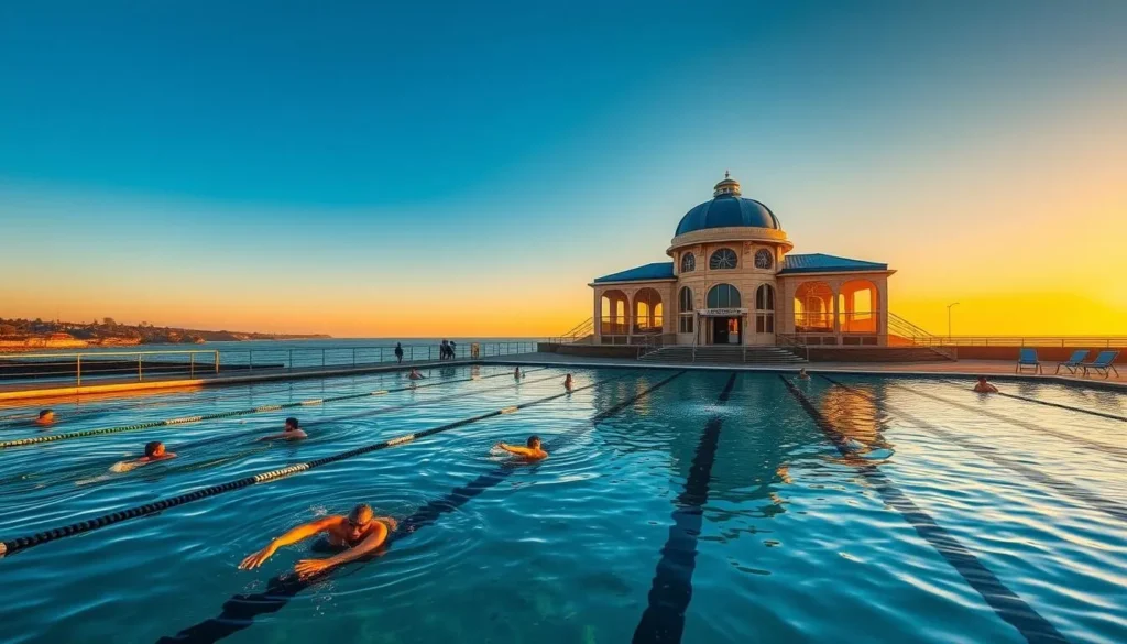 The historic Newcastle Ocean Baths with Art Deco pavilion at sunrise with swimmers
