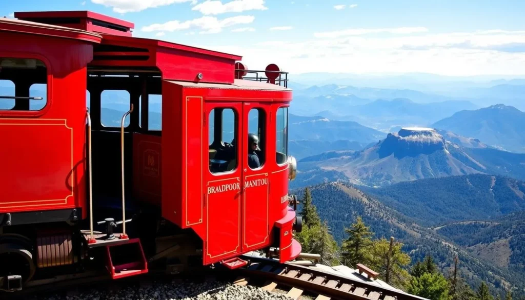 The historic Pikes Peak Cog Railway train climbing up the mountain