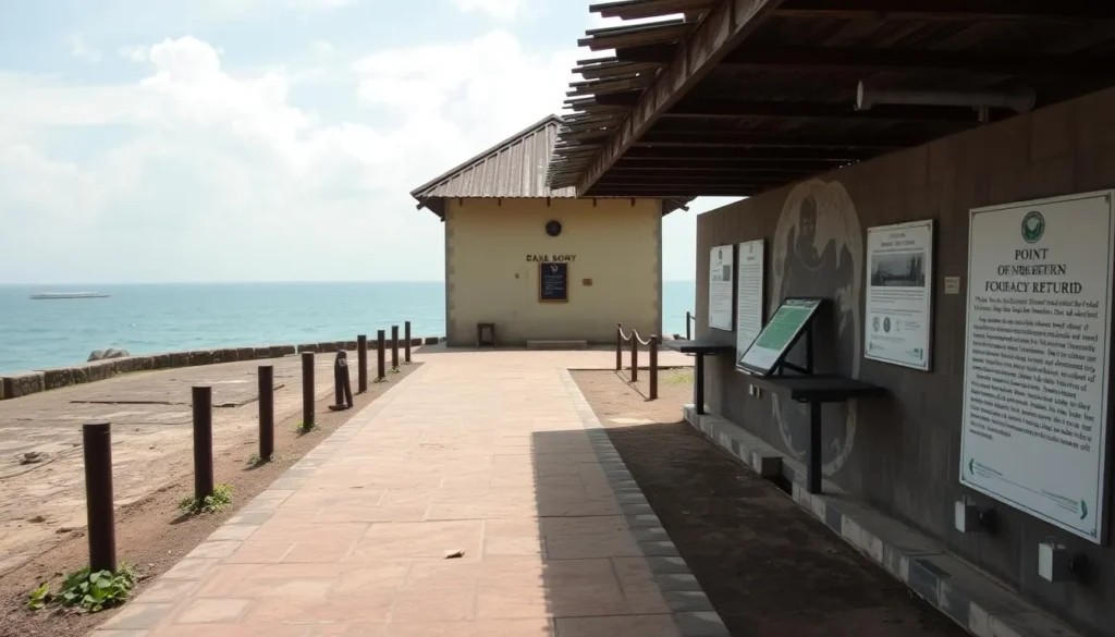 The historic Point of No Return in Badagry where enslaved people were shipped abroad, with memorial structures and the ocean view The historic Point of No Return in Badagry where enslaved people were shipped abroad, with memorial structures and the ocean view