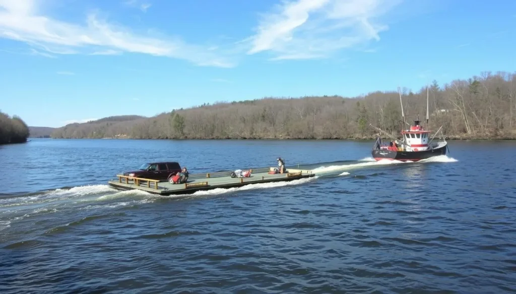 The historic Rocky Hill-Glastonbury Ferry crossing the Connecticut River with passengers and vehicles