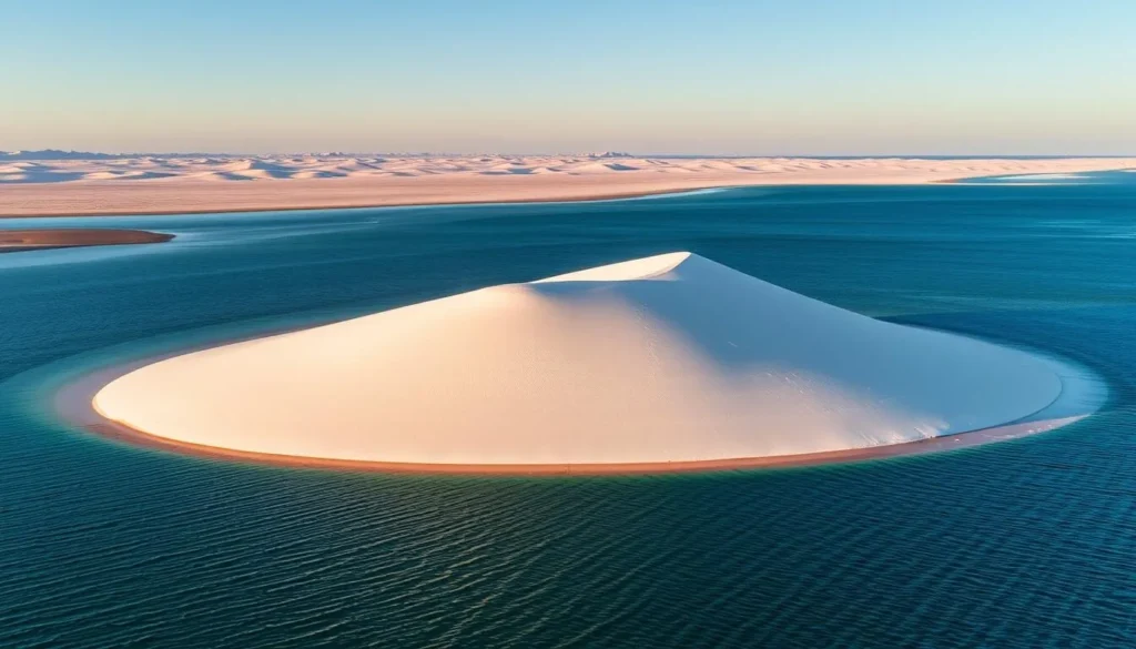 The iconic White Dune of Western Sahara surrounded by water at high tide The iconic White Dune of Western Sahara surrounded by water at high tide