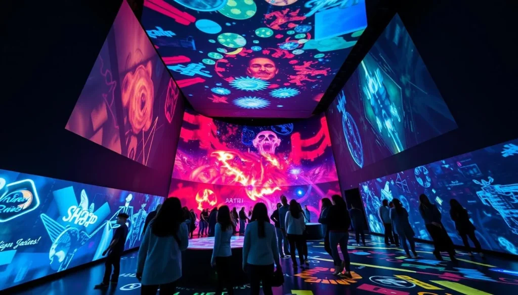 The interactive digital art installations at ARTECHOUSE in Washington DC with visitors interacting with the displays
