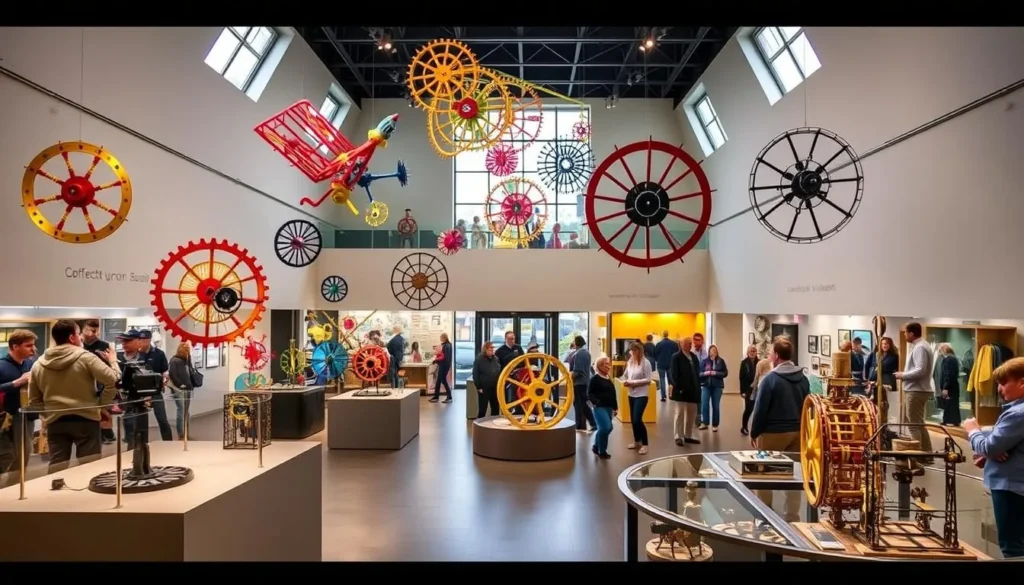 The interior of the MAD Museum in Stratford-upon-Avon showing colorful kinetic sculptures and interactive mechanical exhibits The interior of the MAD Museum in Stratford-upon-Avon showing colorful kinetic sculptures and interactive mechanical exhibits
