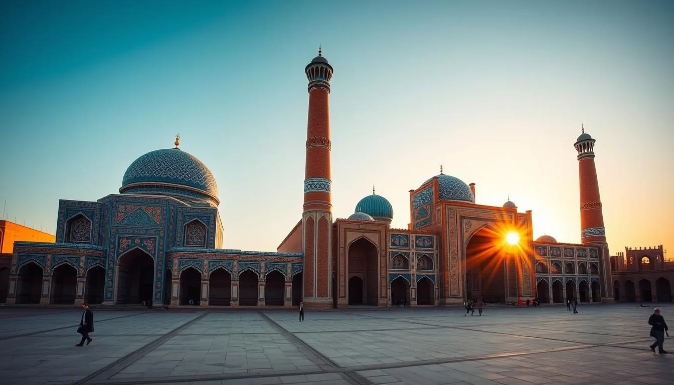 The magnificent Registan Square in Samarkand, Uzbekistan best things to do include visiting this UNESCO World Heritage site with its three ornate madrasahs featuring intricate blue tile work and impressive Islamic architecture