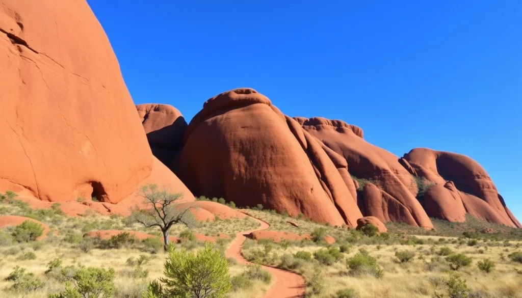 The massive domes of Kata Tjuta (The Olgas) with hiking trail visible between them in Australia's Northern Territory The massive domes of Kata Tjuta (The Olgas) with hiking trail visible between them in Australia's Northern Territory