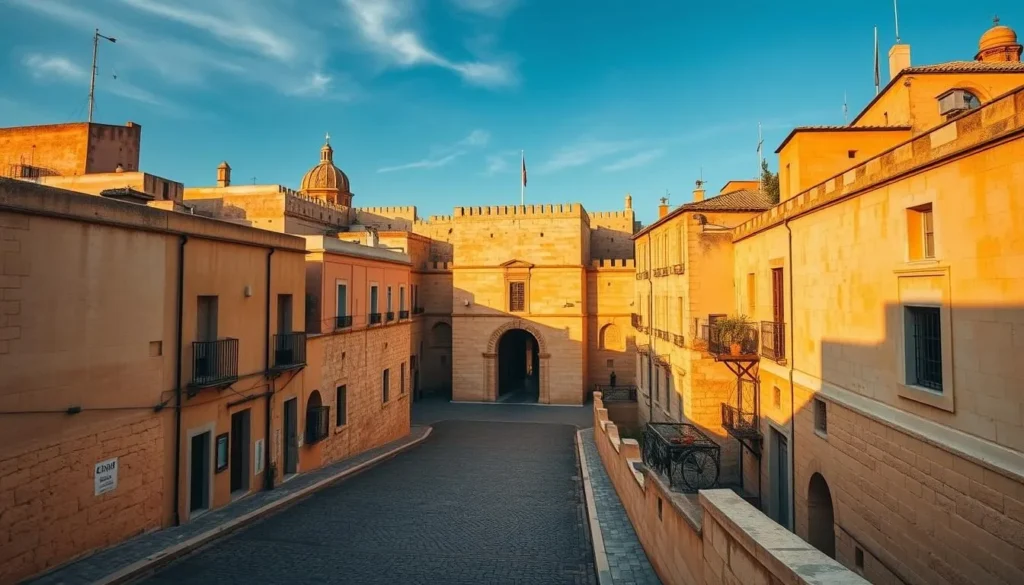 The medieval walled city of Mdina, Malta, with its narrow streets, honey-colored limestone buildings, and impressive entrance gate The medieval walled city of Mdina, Malta, with its narrow streets, honey-colored limestone buildings, and impressive entrance gate