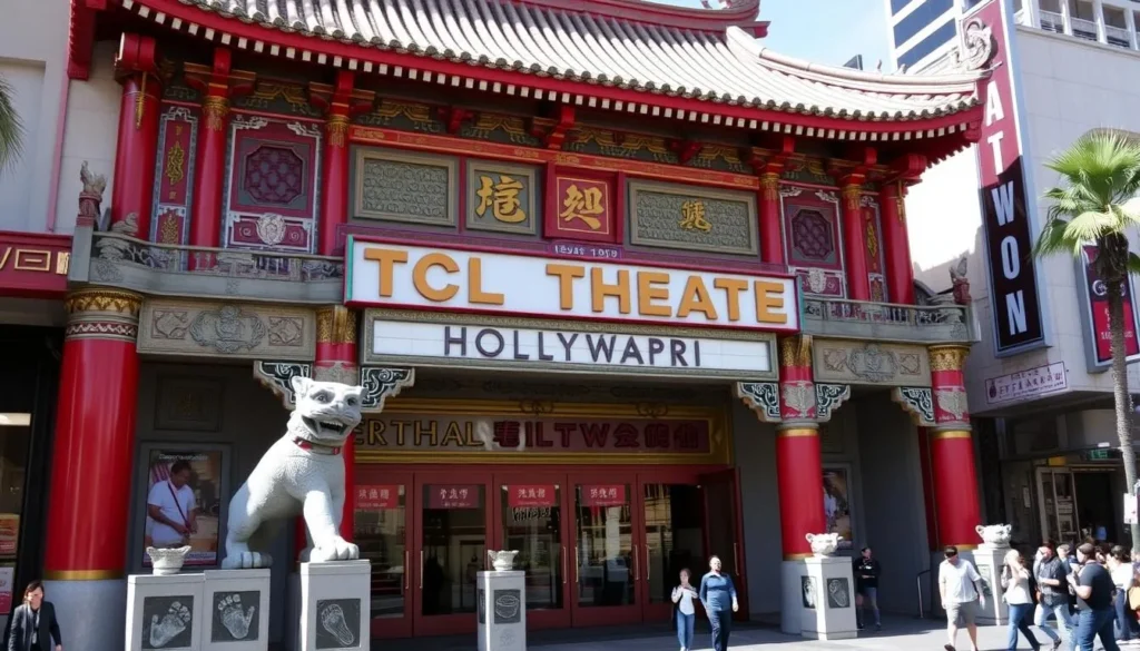 The ornate entrance of TCL Chinese Theatre with its distinctive Chinese architecture and hand and footprints in the forecourt The ornate entrance of TCL Chinese Theatre with its distinctive Chinese architecture and hand and footprints in the forecourt
