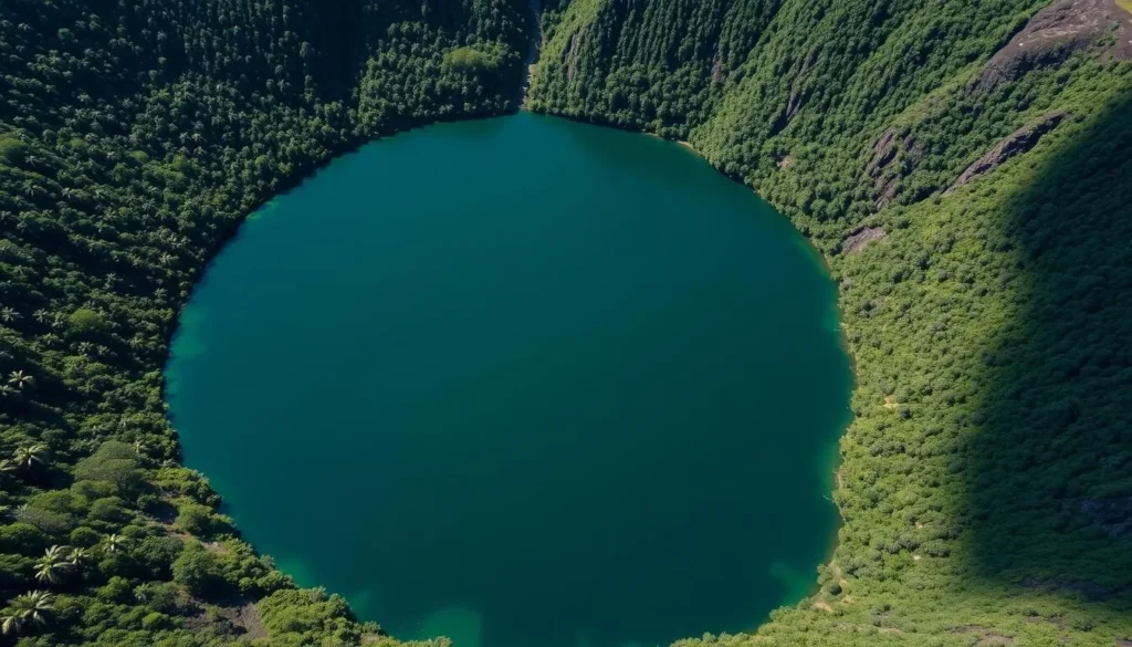 The perfectly circular Lake Lalolalo crater on Wallis Island surrounded by dense jungle