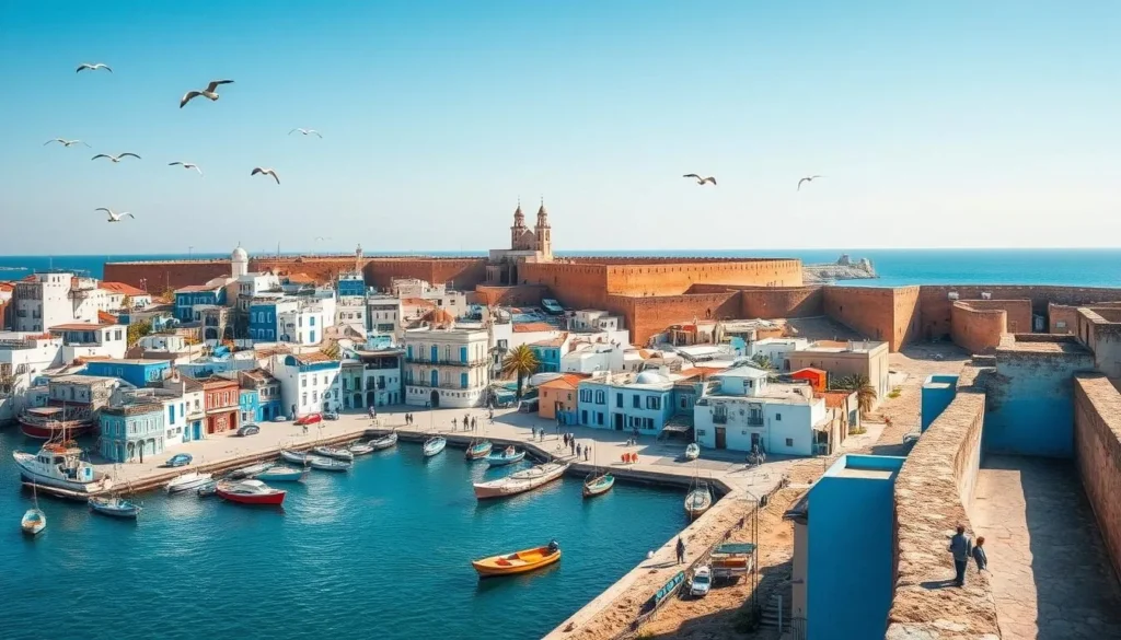 The picturesque blue and white buildings of Essaouira's medina with the Atlantic Ocean in the background, one of Morocco's best coastal destinations