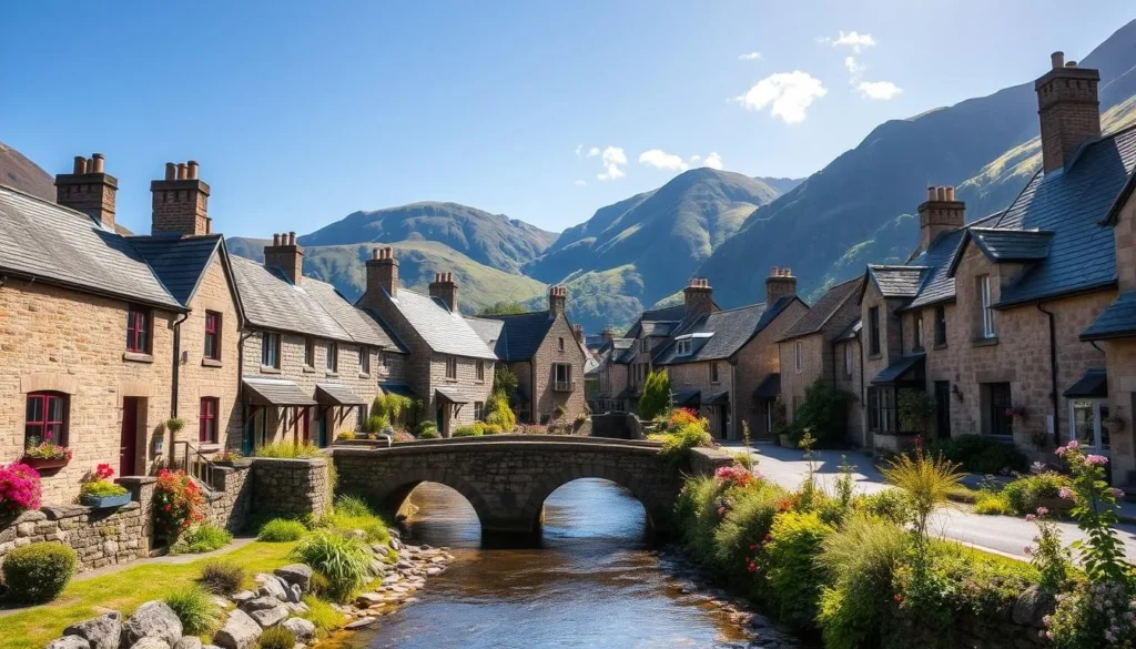 The picturesque village of Beddgelert with stone cottages, a bridge over the river, and mountains in the background