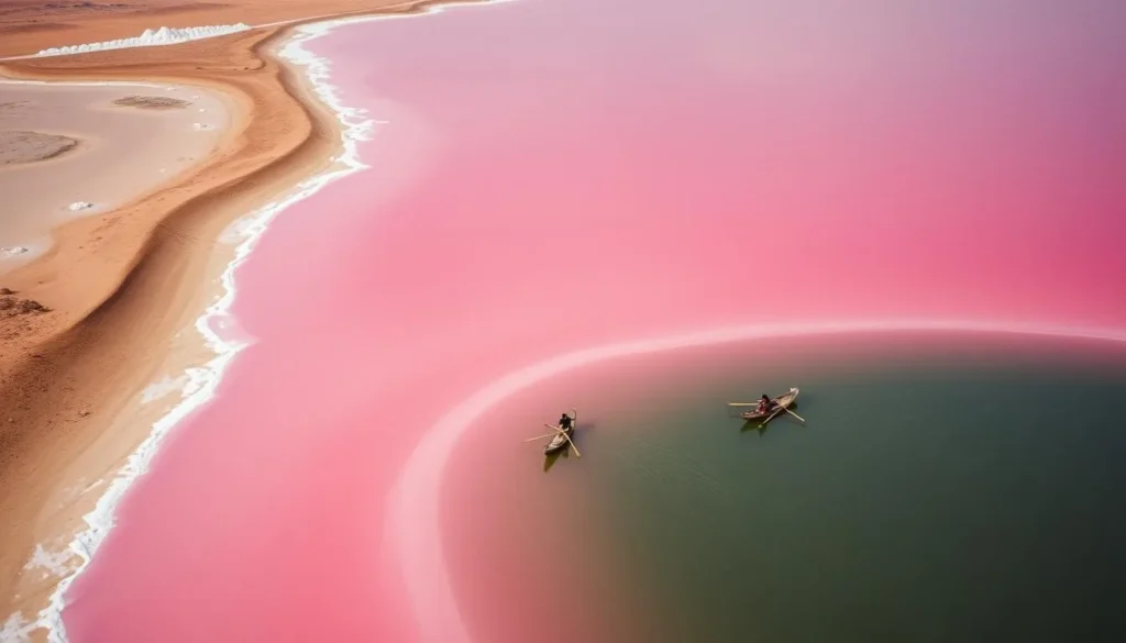 The pink waters of Lake Retba with salt harvesters working in the lake The pink waters of Lake Retba with salt harvesters working in the lake
