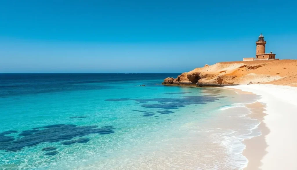 The pristine Porto Rico Beach with its white sand and abandoned Spanish lighthouse The pristine Porto Rico Beach with its white sand and abandoned Spanish lighthouse