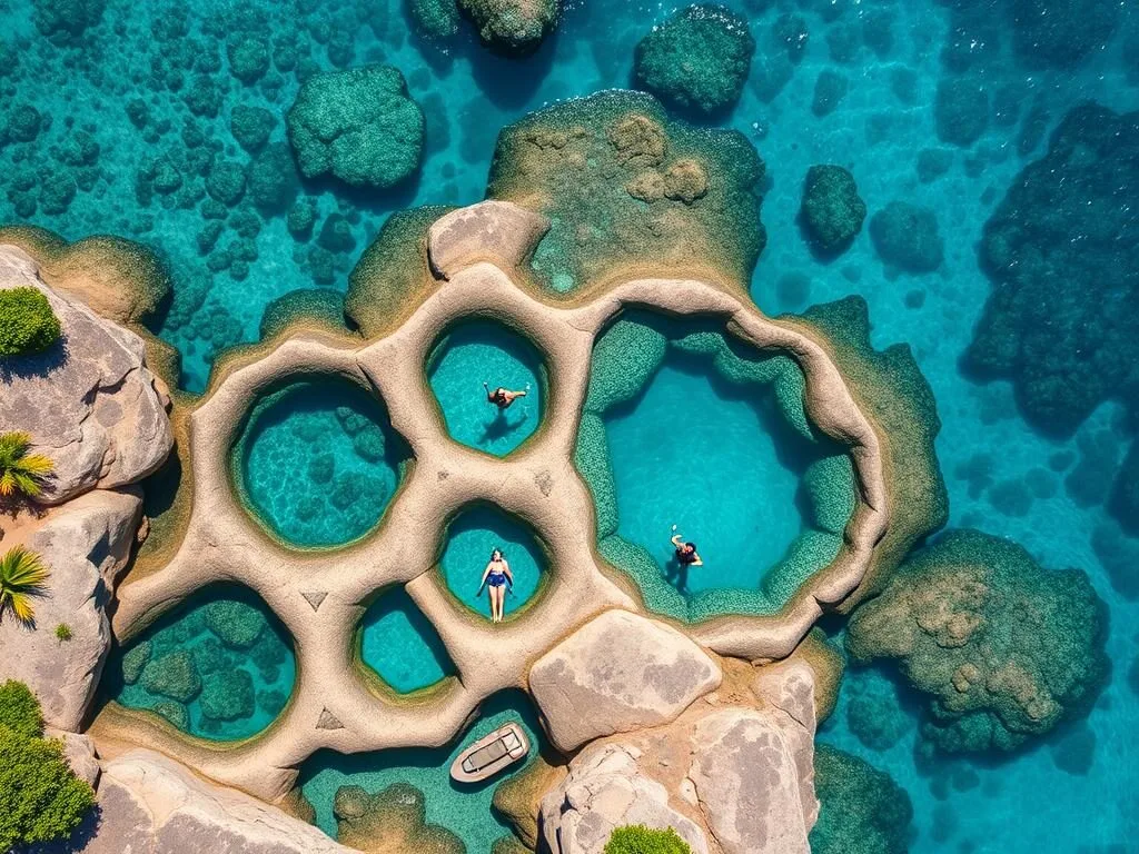 The serene Limu Pools of Niue with snorkelers exploring the clear waters