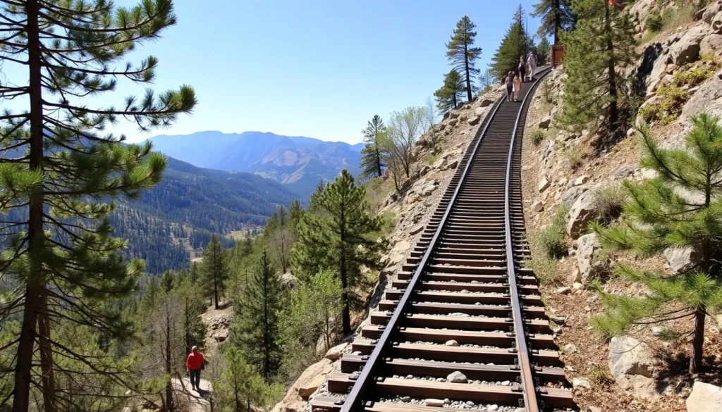 The steep Manitou Incline trail with hikers climbing the challenging route