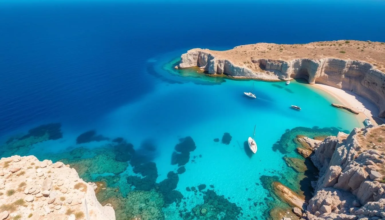 The stunning Blue Lagoon on Comino Island, Malta, with crystal clear turquoise waters surrounded by rocky cliffs