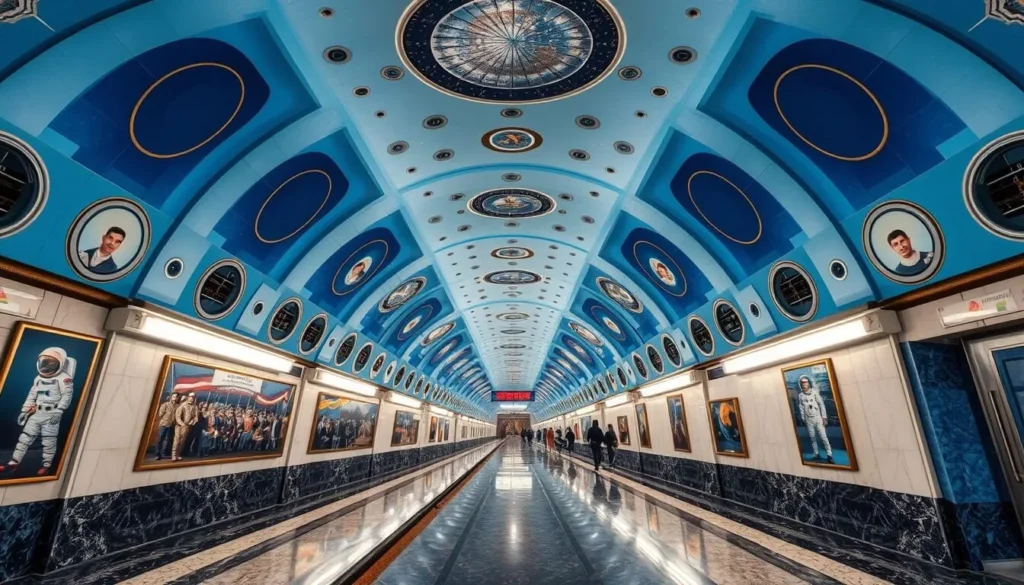 The stunning Kosmonavtlar metro station in Tashkent with its space-themed design, one of the best things to do in Uzbekistan's capital city The stunning Kosmonavtlar metro station in Tashkent with its space-themed design, one of the best things to do in Uzbekistan's capital city