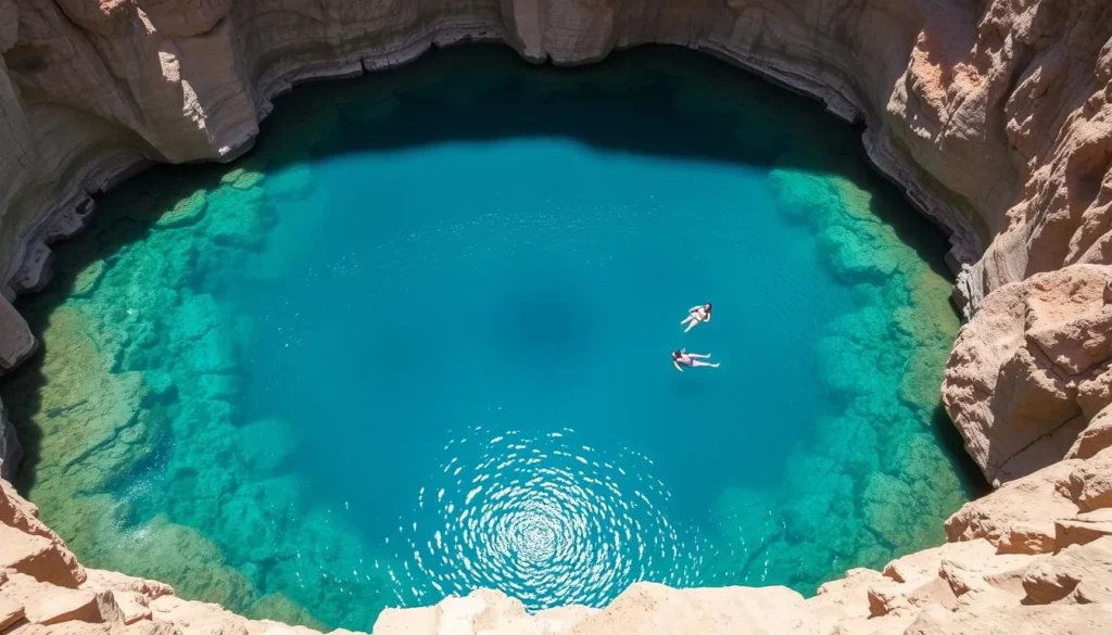 The turquoise waters of Bimmah Sinkhole surrounded by rocky cliffs