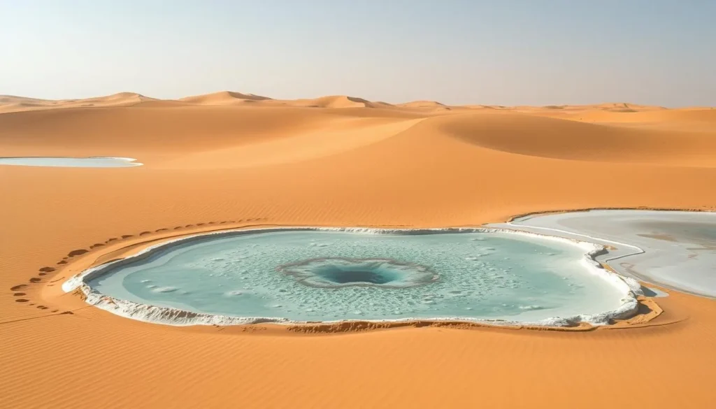 The unique salt water pools of Imlili Sebkha in the middle of the Sahara Desert The unique salt water pools of Imlili Sebkha in the middle of the Sahara Desert