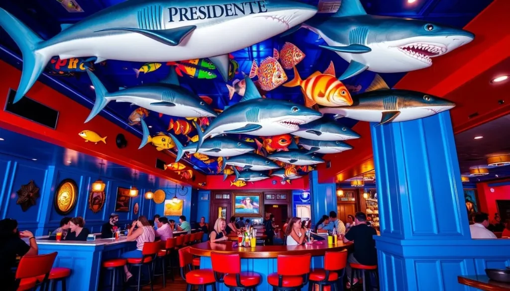 The vibrant interior of El Presidente with animated sea creatures hanging from the ceiling above the bar