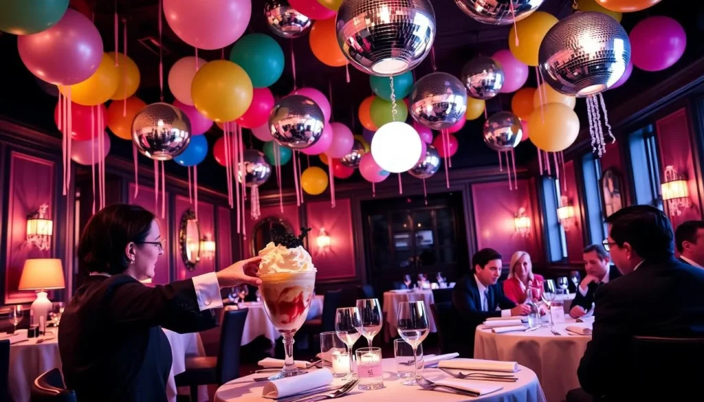 The whimsical interior of Pineapple & Pearls with balloons on the ceiling and a caviar sundae being served