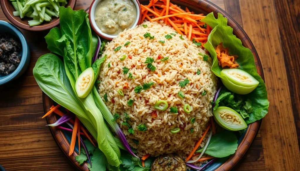 Thip Khao's signature crispy rice dish with herbs and accompaniments Thip Khao's signature crispy rice dish with herbs and accompaniments