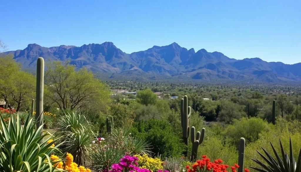 Tohono Chul Park's botanical gardens with the Santa Catalina Mountains in the background