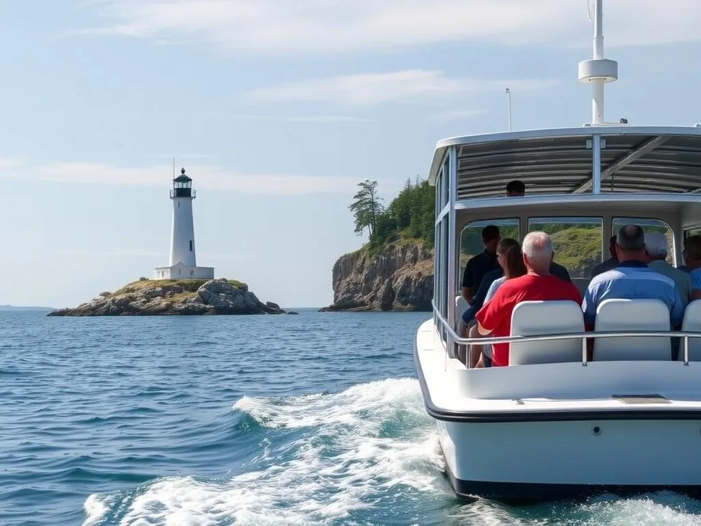Tour boat approaching Morris Island with lighthouse in background Tour boat approaching Morris Island with lighthouse in background