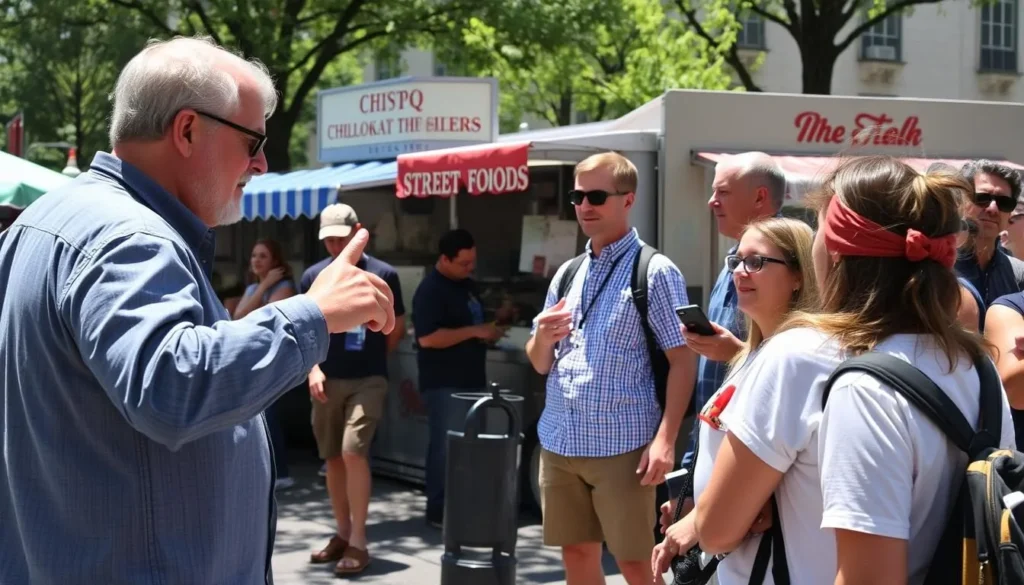 Tour guide explaining the history of DC street food to a small group of tourists