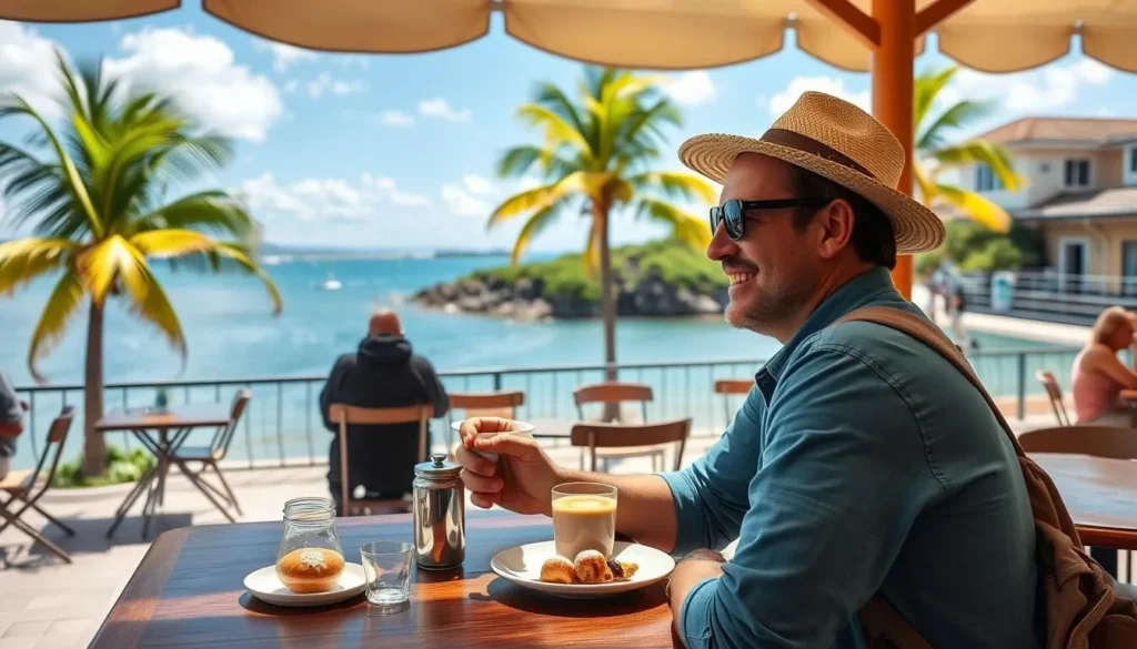 Tourist enjoying French-style café in Nouméa with lagoon view, New Caledonia