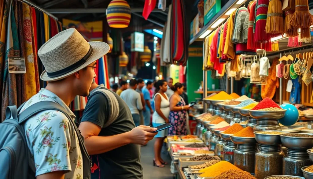 Tourist enjoying a local market in Mauritius, examining colorful textiles and crafts
