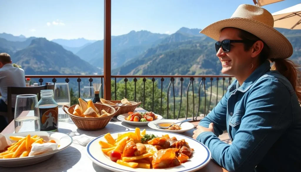 Tourist enjoying local Montenegrin cuisine at an outdoor restaurant Tourist enjoying local Montenegrin cuisine at an outdoor restaurant