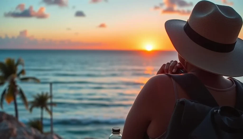 Tourist enjoying sunset at West End Cayman Brac with travel essentials Tourist enjoying sunset at West End Cayman Brac with travel essentials