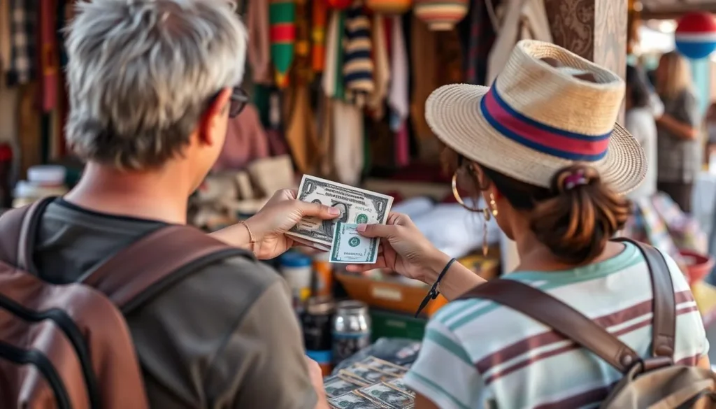Tourist exchanging currency at a local market in Nicaragua