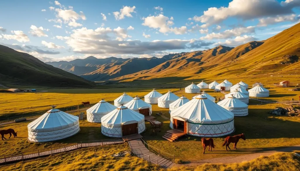Tourist ger camp with multiple white gers in a scenic valley, accommodation for Mongolia Best Things to Do