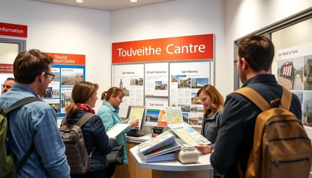 Tourist information center in San Marino with visitors getting maps and advice Tourist information center in San Marino with visitors getting maps and advice