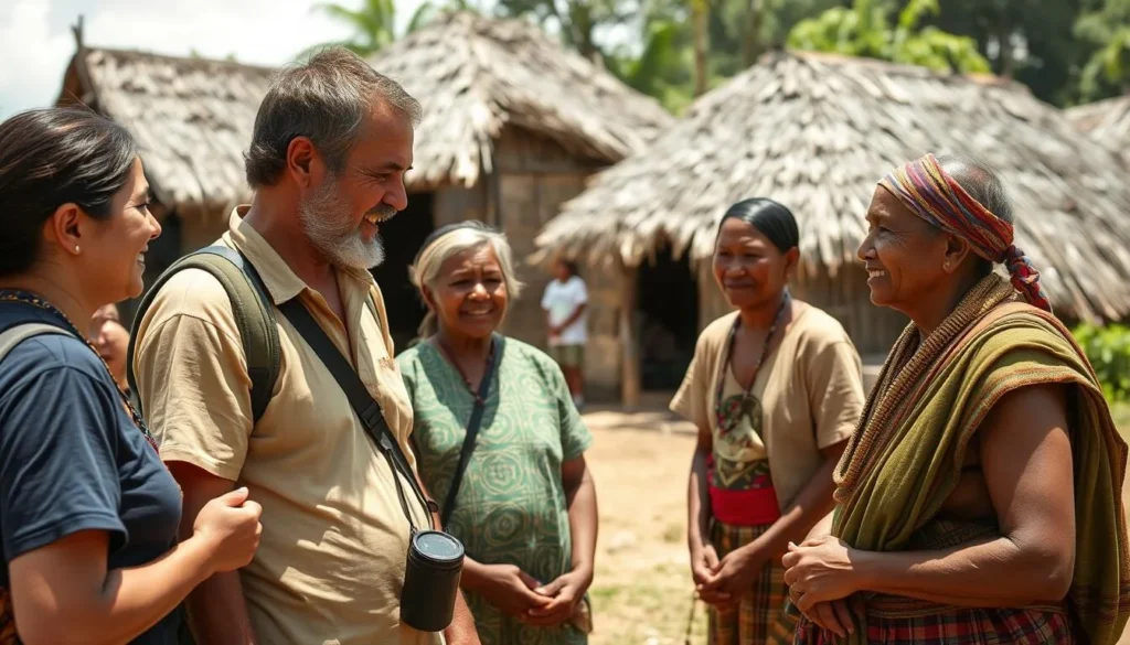 Tourist interacting with local Papua New Guinea villagers