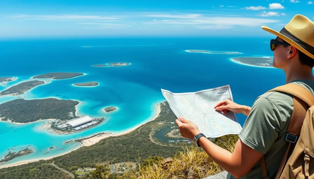 Tourist looking at a map while standing on a viewpoint overlooking the Torres Strait Islands Tourist looking at a map while standing on a viewpoint overlooking the Torres Strait Islands