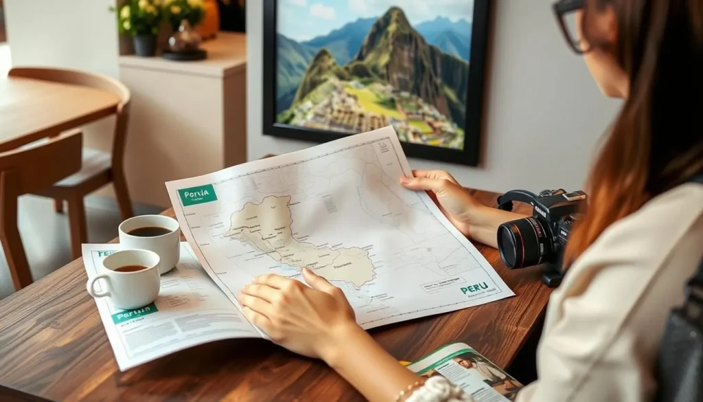 Tourist looking at map while planning Peru itinerary with Machu Picchu visible in background Tourist looking at map while planning Peru itinerary with Machu Picchu visible in background