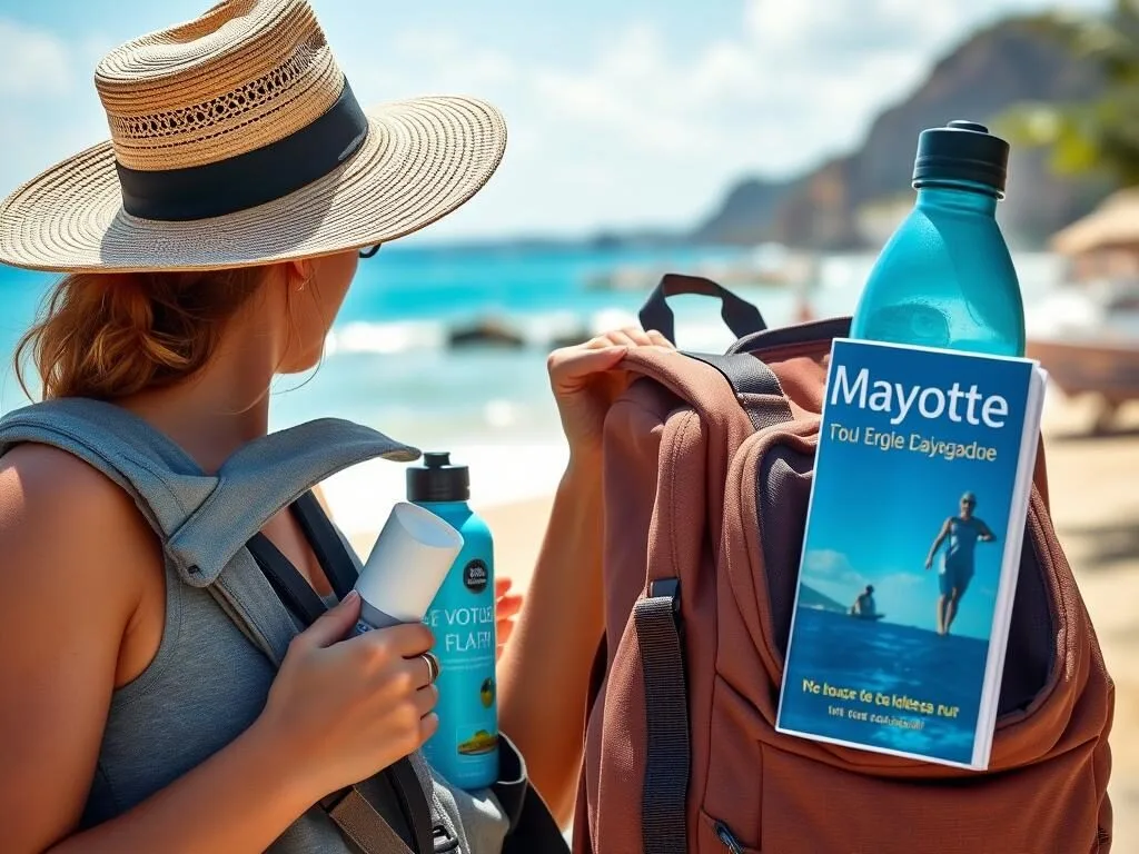Tourist preparing for a day trip in Mayotte with essential items like sunscreen, hat, and water bottle Tourist preparing for a day trip in Mayotte with essential items like sunscreen, hat, and water bottle