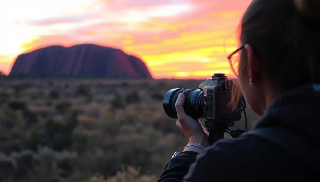 Tourist taking photo of Uluru (Ayers Rock) at sunrise with camera on tripod Tourist taking photo of Uluru (Ayers Rock) at sunrise with camera on tripod