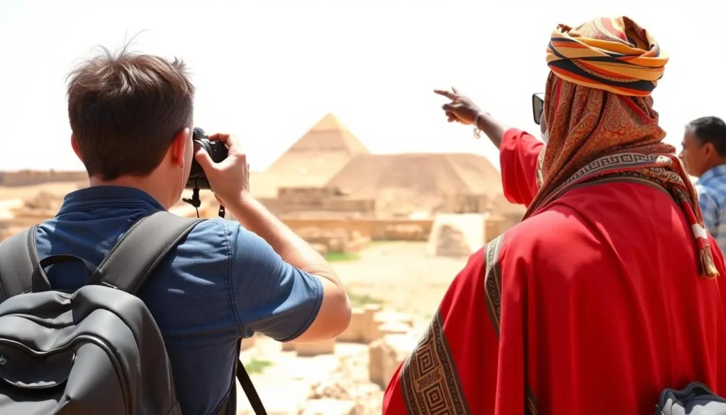 Tourist taking photographs at an archaeological site in Sudan with local guide