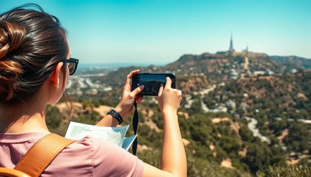 Tourist taking photos at a Hollywood viewpoint with camera and map in hand Tourist taking photos at a Hollywood viewpoint with camera and map in hand
