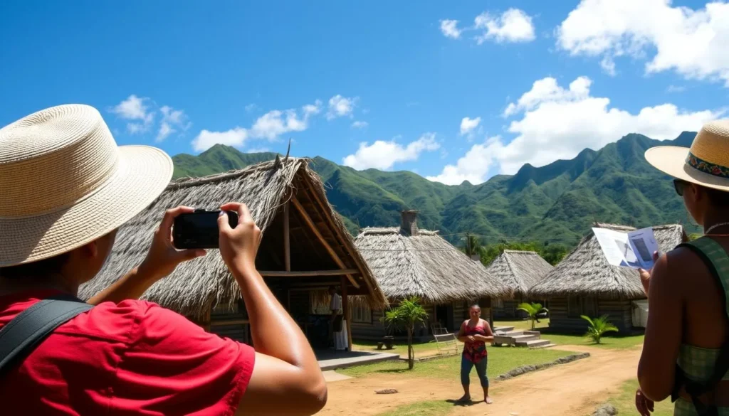 Tourist taking photos of a traditional Fijian village with thatched roof bures