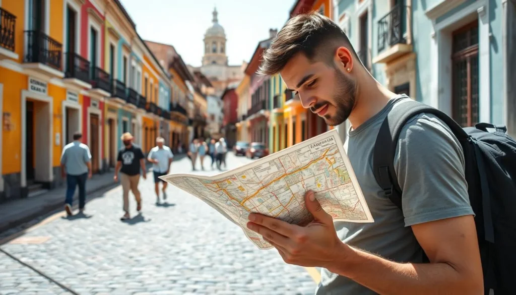 Tourist using a map to navigate Cartagena's Old Town with colonial buildings in background Tourist using a map to navigate Cartagena's Old Town with colonial buildings in background