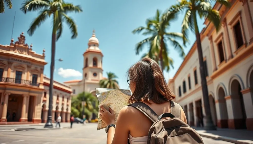 Tourist using a map to navigate in Asunción, Paraguay Tourist using a map to navigate in Asunción, Paraguay