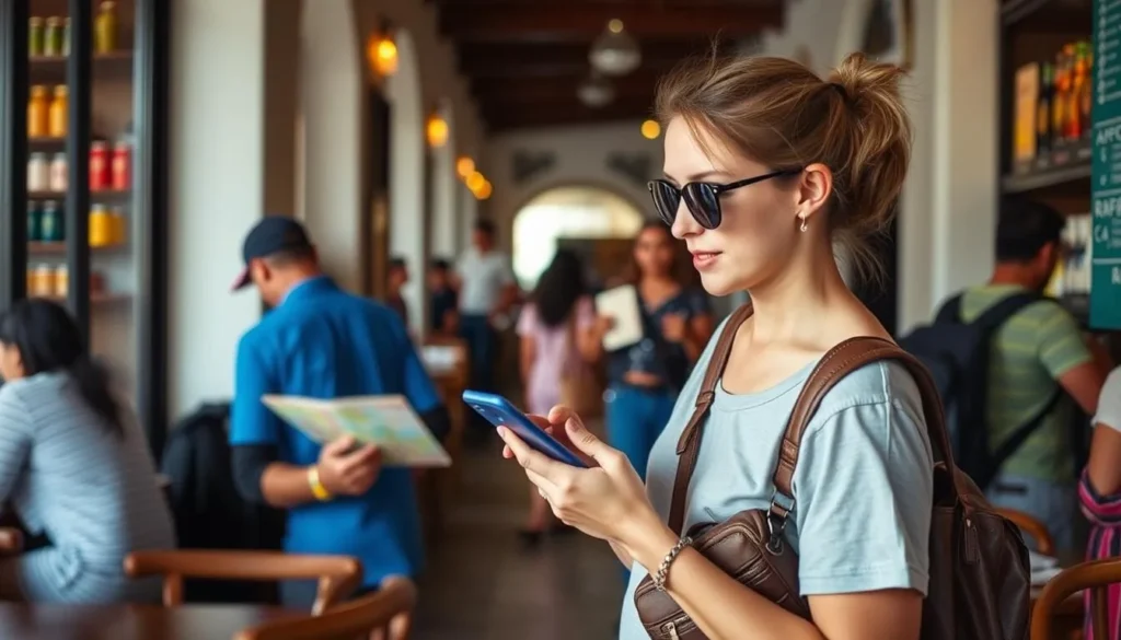 Tourist using smartphone and map while exploring Recife Brazil with safety precautions