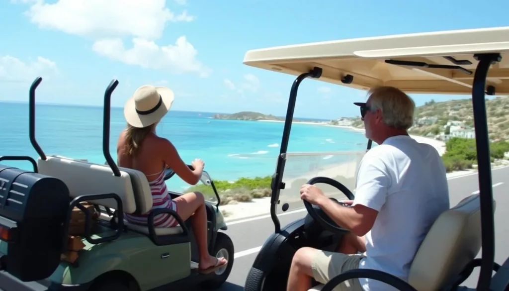 Tourist with golf cart exploring Harbour Island Bahamas